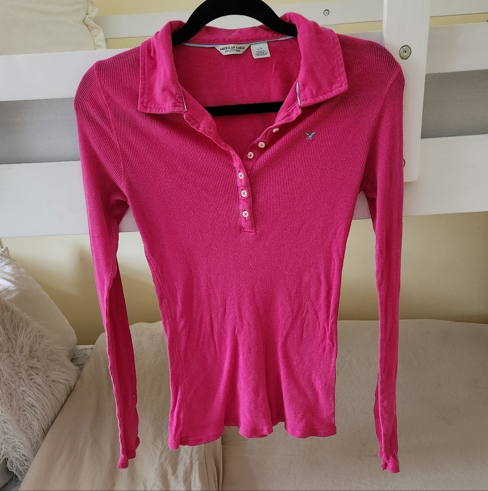 Vtg American Eagle Button Up Pink Long Sleeve Polo Henley Ribbed Knit Lrg Y2K